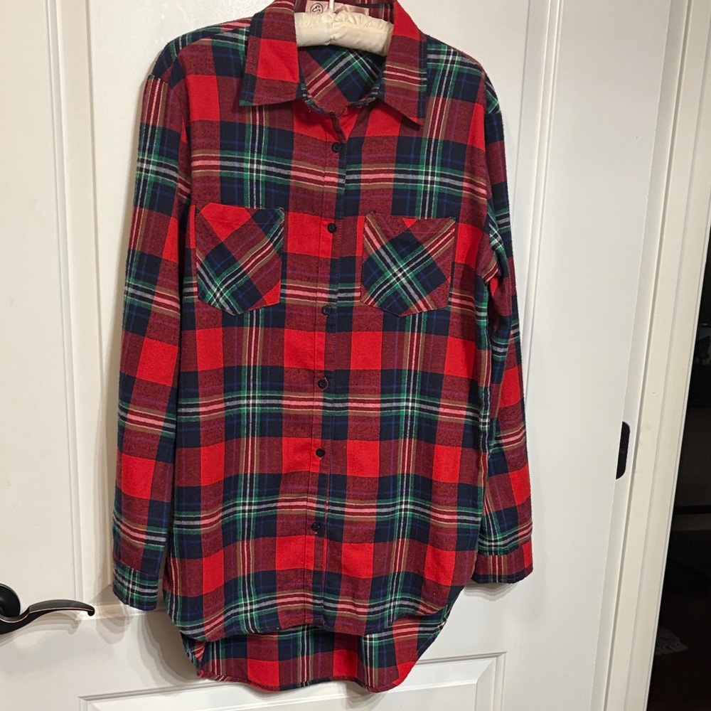 E2 Clothing Women’s Preppy Plaid Button Up Shirt - Red and Green. 100% Cotton.